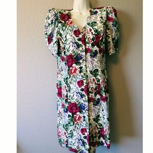 Vintage 80s90s All That Jazz Floral Puff Sleeve Dress Pearly Rose Buttons Sz 7/8